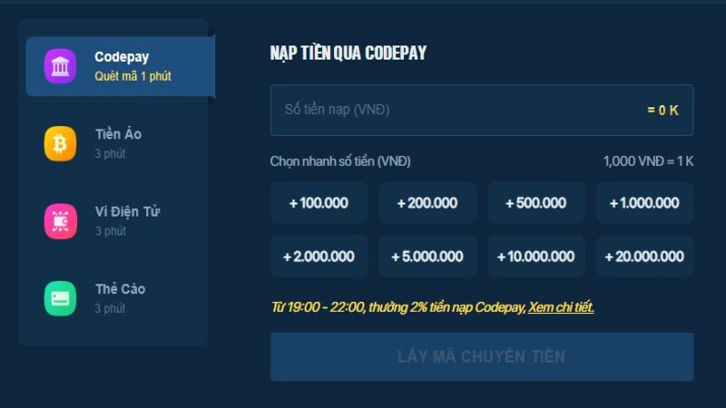 Nạp tiền Lucky88 bằng Codepay là cách tiện lợi được sử dụng phổ biến