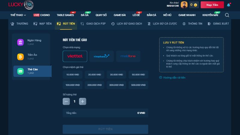 Rút tiền Lucky88 qua thẻ cào được áp dụng phổ biến với số tiền thưởng nhỏ
