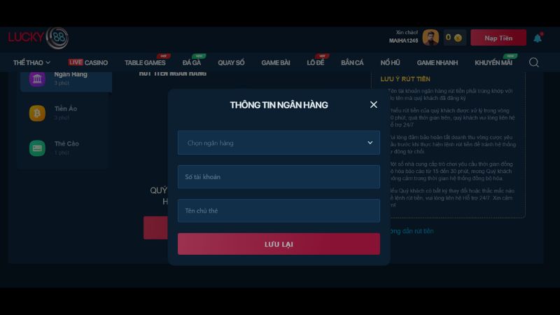 Thông tin về ngân hàng và số tiền rút đảm bảo chính xác