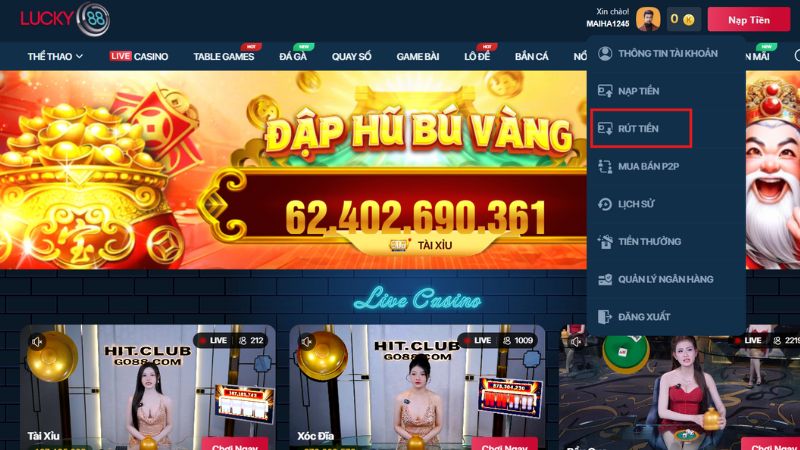 Mục rút tiền Lucky88 nằm ở hồ sơ của người chơi
